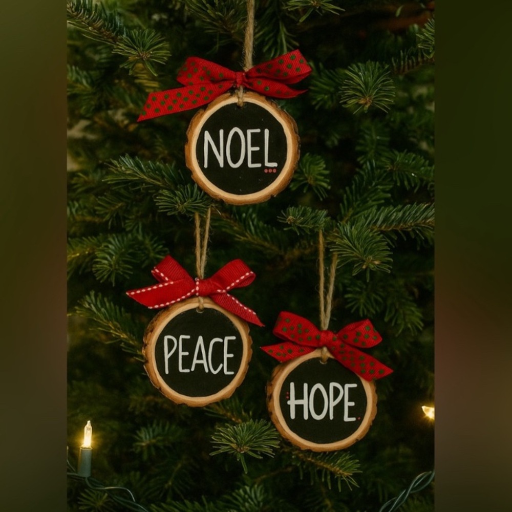 Wood Slice Ornament Set  - Hope, Peace, Noel - Christmas Ornaments with Red Bows